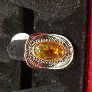 Amber Clear stone Siver Ring Size 9